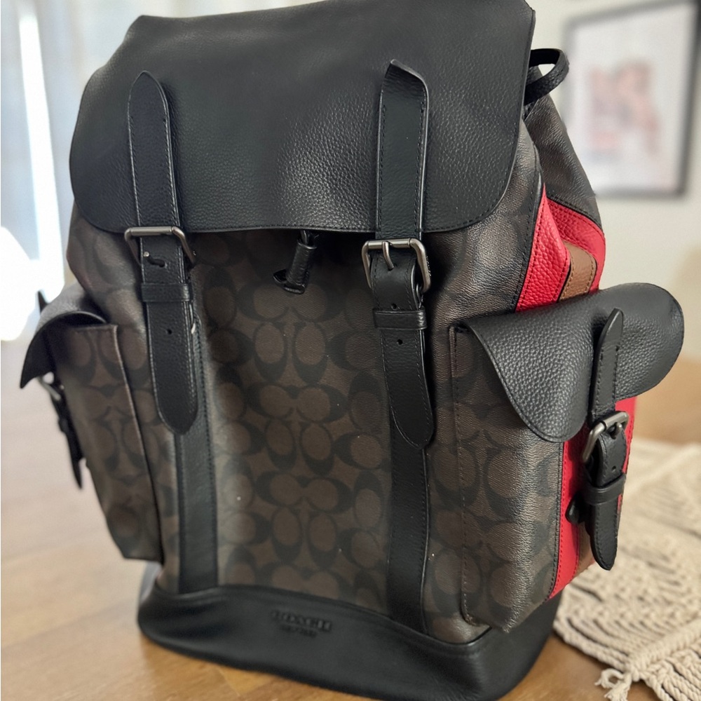 Coach Men's Black, Brown, and Red Backpack